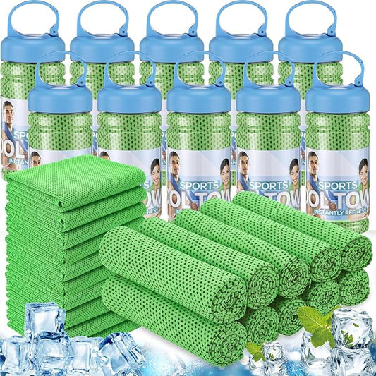 Honoson 20 Pcs Cooling Towels for Neck and Face, 47"x12" Sports Breathable Ice Towels Microfiber Chilly Sweat Rags with Portable Bottle for Gym Golf Athletes Yoga Workout Hot Weather (Green)