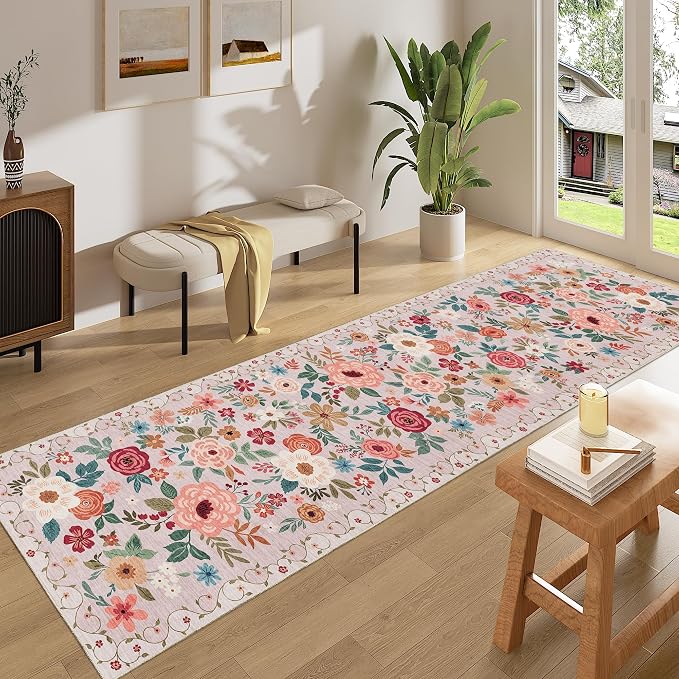 DUKINO 2x8 Runner Rug, Washable Runner Rug for Kitchen Non Slip, Beige | Floral, Low Pile, Soft Indoor Rug for Hallway, Entryway, Bedroom, Bathroom, Pet Friendly, Stain Resistant, Modern Home Decor