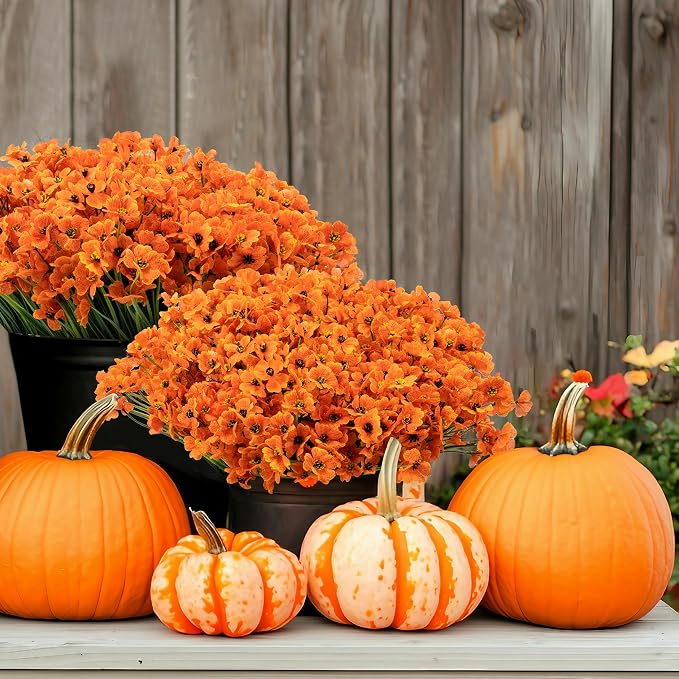 ColoPlay Artificial Mums for Outdoors, 72 Bundles Fake Flowers Fall Decor | Fake Fall Flowers Faux Mums for Outdoor Planters, UV Resistant Artificial Plants for Home Garden Porch Farmhouse(Orange)