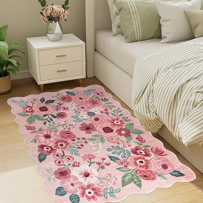 DUKINO 3x4 Rug, Non Slip Floral Washable Area Rug for Entryway, Pink | Soft, Low Pile, Non-Shedding Indoor Throw Rugs for Kitchen, Hallway, Bedroom, Bathroom, Laundry, Pet Friendly, Home Decor