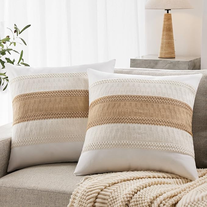 2pk Boho Pillow Covers 22x22, Natural White/Contrast/Brown | 100% Organic Cotton Body, Stripe Embroidery, Farmhouse Decorative Cushion Covers for Sofa Bed Living Room Home Decor