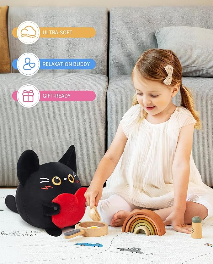 OLAOLA Black Cat Plush, Cute Cat with Love Stuffed Animals Plushies Toy, 10.6 Inch Soft Kitten Plushie Doll for Kids Adults