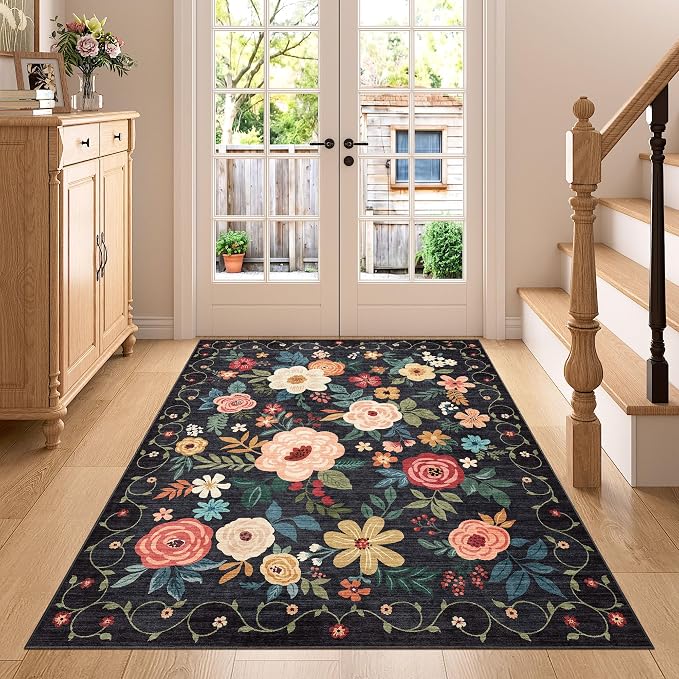 DUKINO 4x5 Area Rug for Entryway, Soft Floral Washable Rug Non Slip, Black | Low Pile, Non-Shedding Indoor Carpet for Bedroom, Kitchen, Living Room, Nursery, Pet Friendly, Stain Resistant, Home Decor