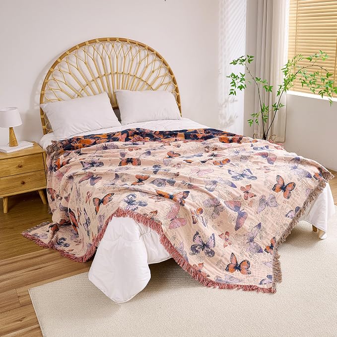 VANJOROY Boho Throw Blanket, 100% Organic Cotton Breathable Ultra Soft 91" x 108" King Bed Quilt Throw - All Season Floral Rustic Farmhouse Decor Luxury Blanket for Sofa Couch Chair and Gift