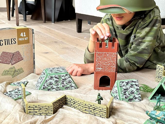 Military Battlefield Base Magnetic Tiles Building Blocks - Army War Themed Playset for Imaginative Military Building and Learning - STEM Education Toy WW1 WW2 - Great Birthday Gift for Boys