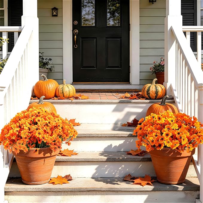 ColoPlay Artificial Mums for Outdoors, 24 Bundles Fake Flowers Fall Decor | Fake Fall Flowers Faux Mums for Outdoor Planters, UV Resistant Artificial Plants for Home Garden Porch Farmhouse(Orange)