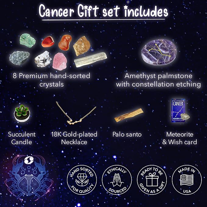 DANCING BEAR Cancer Zodiac Healing Crystals Gift Set, (14 Pc): 9 Stones, 18K Gold-Plated Constellation Necklace, Meteorite, Succulent Candle, Palo Santo Smudge Stick, and Info Guide, Made in The USA