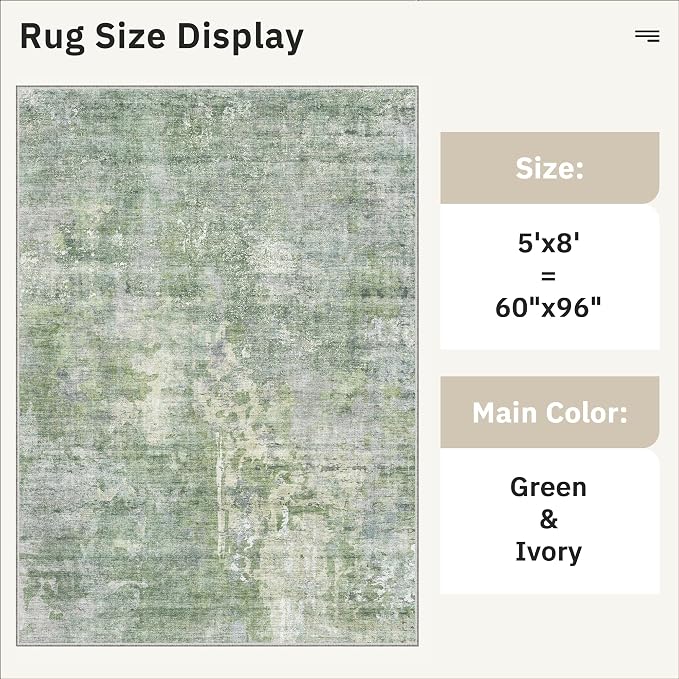 Soalmost Abstract Rug 5x8 Washable Area Rugs for Living Room, Green/Ivory | Vintage Non-Slip Indoor Accent for Bedroom Dining, Foldable Stain Resistant Floor Carpet Mat Under Table Home Office Decor