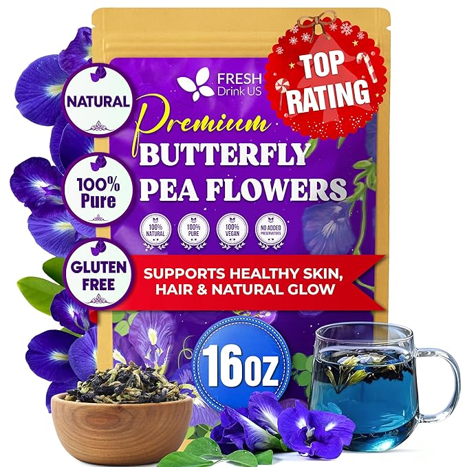 FreshDrinkUS, Premium 16oz Blue Butterfly Pea Flowers Dried – Premium Whole Flower Herbal Tea – Vibrant Blue Natural Color – Caffeine-Free Loose Flower Tea. Vegan
