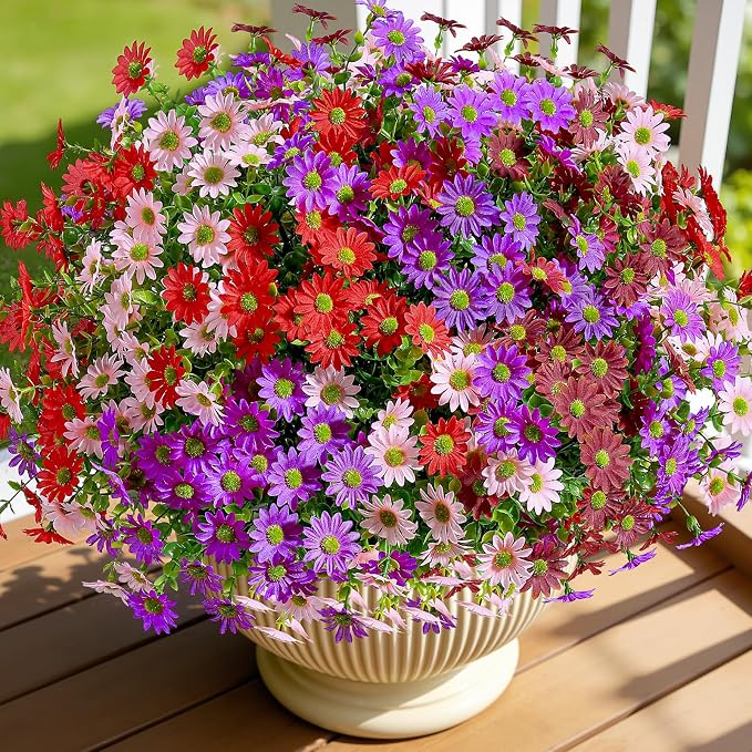 Alupssuc 40 Bundles Artificial Daisies Flowers Fake Silk Plant for Indoor Outdoor Decor, UV Resistant No Fade Faux Spring Flowers for Garden, Porch & Patio Decoration,RedPurpleBrownPink