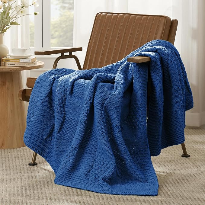 Knit Throw Blanket, Soft Chenille Cozy Breathable Checkered Chunky Decorative Blanket for Couch, Bed & Sofa, French-Inspired Lightweight Warm Gift for Women, Royal Blue, 50"x60"