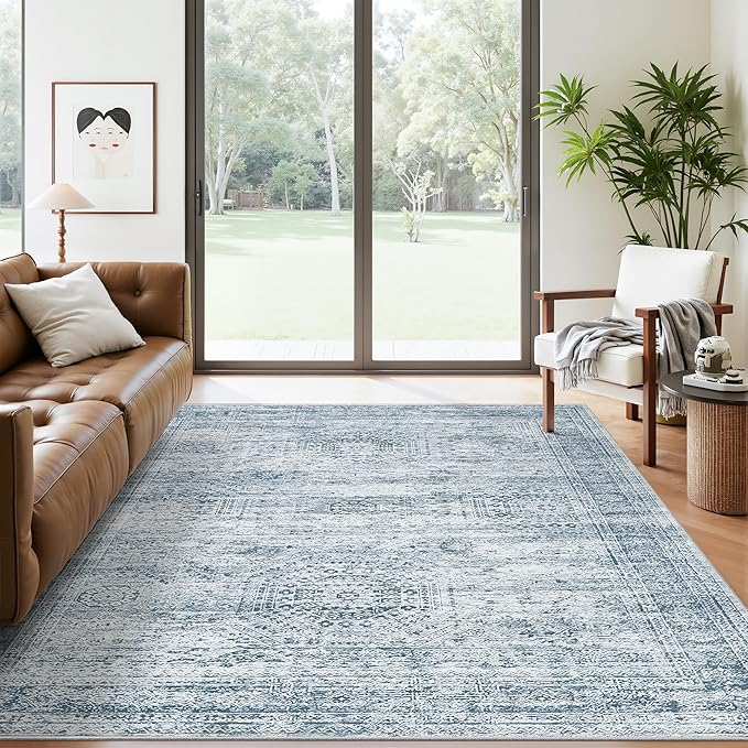 Soalmost 5x7 Area Rugs Blue Low Pile Washable Trendy Faded Style Rug | Vintage Non-Slip Indoor Accent for Bedroom Dining, Foldable Stain Resistant Floor Carpet Mat Under Table Home Office Decor