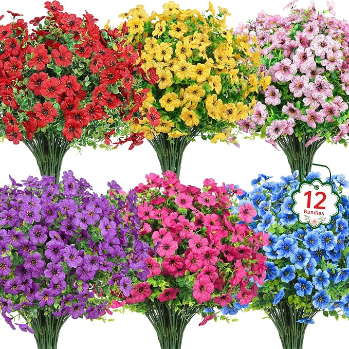 Ouddy Decor 12 Pcs Artificial Flowers for Outdoors Decorations, Multicolor | Colorful lifelike flowers, UV resistant, faux plastic plants, for garden porch window table vase home indoor outdoor decor