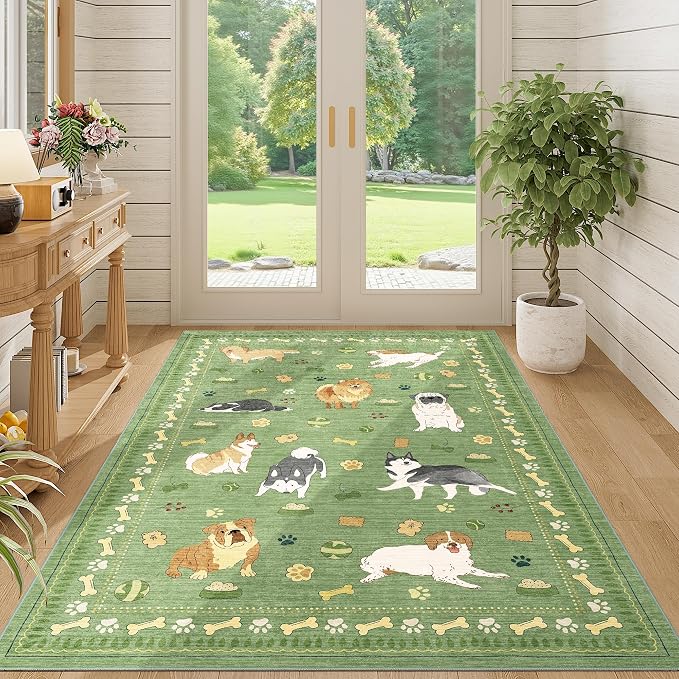 DUKINO 4x6 Area Rug, Washable Dog Rug for Living Room Non Slip, Green | Low Pile, Stain Resistant, Soft Animal Carpet for Bedroom Office Dorm Dining Room Kids Room Farmhouse, Kid & Pet Friendly