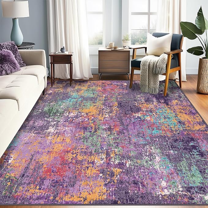 RELEANY Washable 6'x8' Abstract Area Rug for Living Room Purple Multi | carpet for bedroom, kitchen, office, hallway and entryway, printed pattern, non-slip, soft, stain-resistant, easy to clean