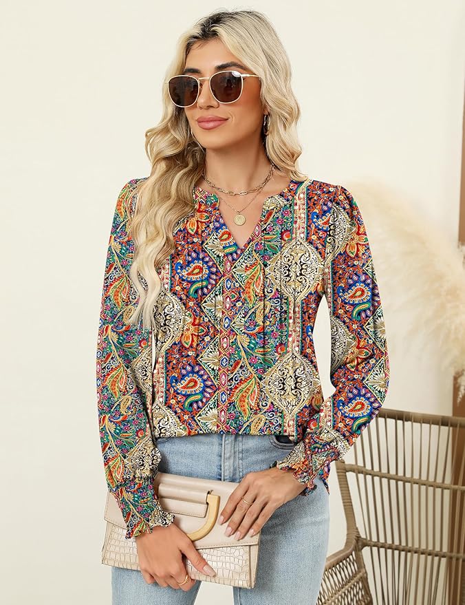 LOMON Womens Tops Dressy Casual Pleated Ruffle Long Sleeve Tunics Tops to Wear with Leggings V Neck Work Blouse
