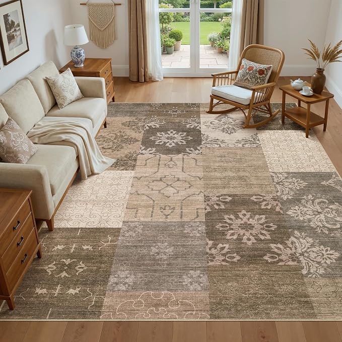 UERMEI 10x12 Area Rug for Living Room, Washable Brown Modern Geometric Patchwork Non Slip Stain Resistant Low Pile Foldable Carpet for Bedroom Dining Farmhouse Home Office