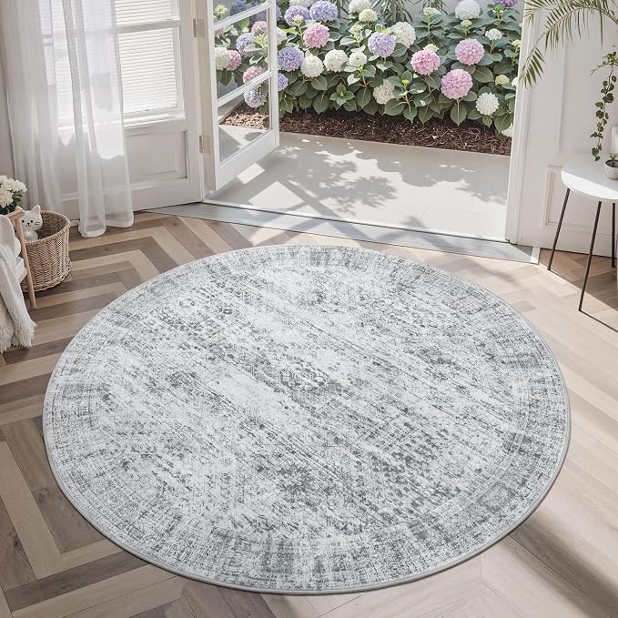 Soalmost 5x5 Grey Round Rug 6ft Circle Living Room Area Rugs Non-Slip | Washable Vintage Indoor Carpet for Dining Bedroom, Low Pile Stain Resistant Foldable Floor Mat Entryway Home Office Decor