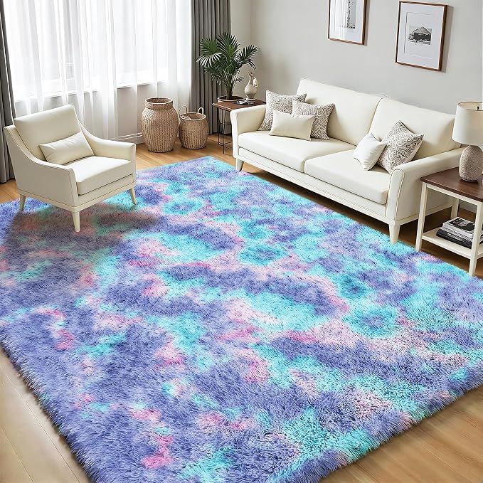 Rainbow Fluffy Rugs for Girls Bedroom: 6x9 Large Shag High Pile Area Rug Upgrade Non-Slip Plush Fuzzy Living Room Rug Shaggy Soft Indoor Floor Carpet Nursery Rugs for Kids Baby Toddler Home Decor