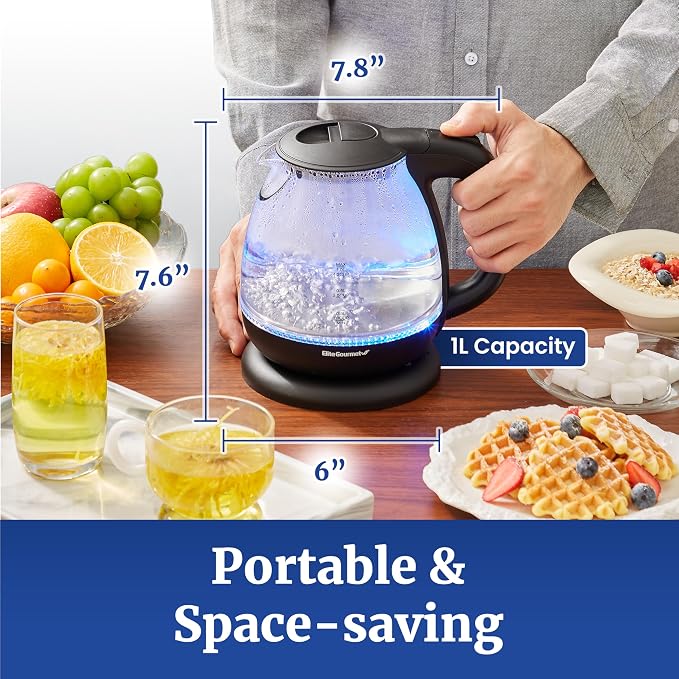 Elite Gourmet EKT1001 Electric 1.0L BPA-Free 1100W Glass Kettle Cordless 360° Base, Stylish Blue LED Interior, Handy Auto Shut-Off Function – Quickly Boil Water For Tea & More, Black