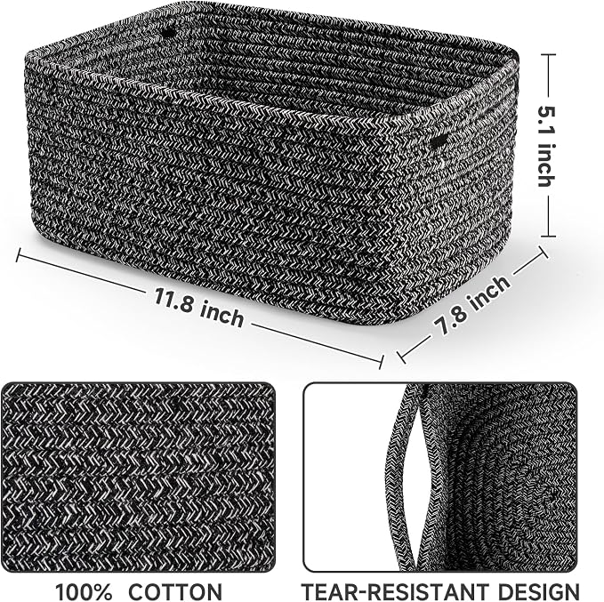 3 Pack Small Storage Baskets for Organizing, 11.8×7.8×5.1", Mixed Black | Woven Baskets for shelves, Cotton Rope Basket for Gifts Empty, Closet Organizer Bins with Handles, Cube Decorative Box