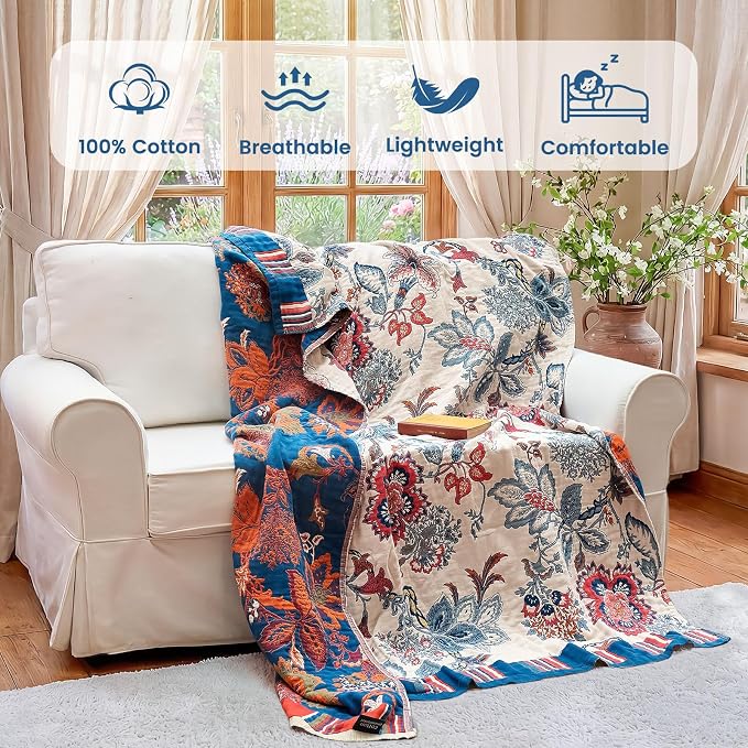 MSGKV Boho Throw Blanket 50"x60" 100% Cotton Farmhouse Floral Throw Blanket | 100% Cotton Muslin, Botanical Throw Blanket, Reversible Weave, Soft & Breathable, Vintage Floral Style, Machine Washable