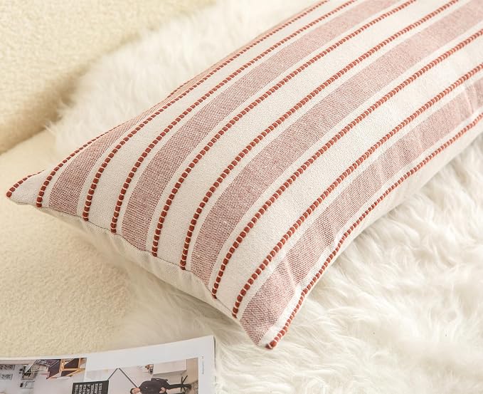 Cethom Decorative Boho Lumbar Pillow Covers, Modern Farmhouse Couch Pillowcase, 14 x 36 Long Accent Body Throw Pillow Covers, Sofa Bed Living Room Decor Cushion Case, Rust and Beige, Pack of 1