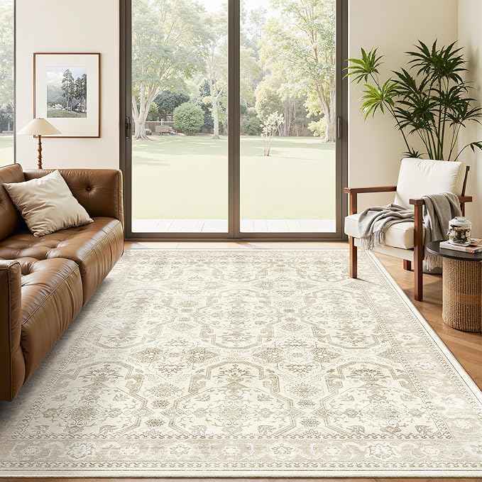 Soalmost 5x7 Area Rug Low Pile Washable Trendy Faded Style Rug, Beige/Brown | Vintage Non-Slip Indoor Accent for Bedroom Dining, Foldable Stain Resistant Floor Carpet Mat Under Table Home Office Decor