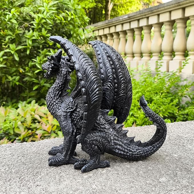 Gothic-Themed Dark Dragon Statue Figurine 8'' Long Majestic Dragon Medieval Mythic Guardian Collectible Fantasy Decoration Home Office Shlef Mantel Decor Gifts