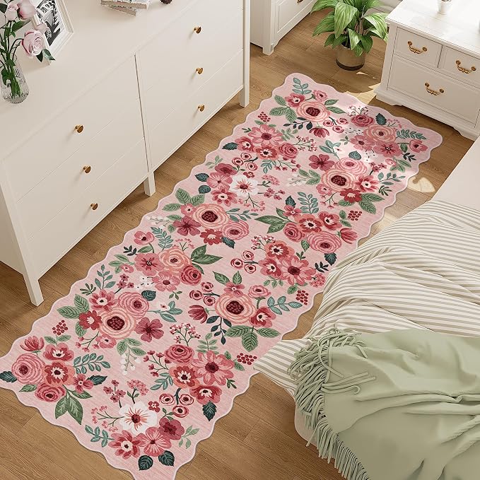 DUKINO 2x6 Runner Rug, Floral Washable Rug for Kitchen Non Slip, Pink | Soft, Low Pile, Non-Shedding Long Runner Rugs for Kitchen, Entryway, Bedroom, Bathroom, Pet Friendly, Home Decor, Ultra-Thin