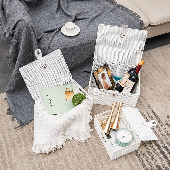Set of 3 Woven Wicker Storage Basket Box with Lids & Lock, Built-in Carry Handles, Multifunctional Storage Organizer for Nursery, Baby, Clothes, Toys, Books, Large/Medium/Small Size (White)