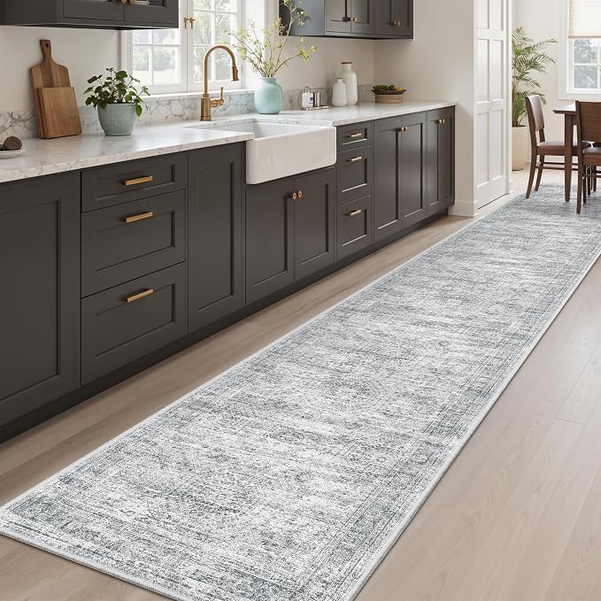 Soalmost Runner Rug 2x10 Washable Non-Slip Hallway Kitchen Runners Grey | Stain Resistant Vintage Rugs for Bathroom Laundry Room, Low Pile Foldable Floor Carpet Mat for Entryway Corridor Bedroom