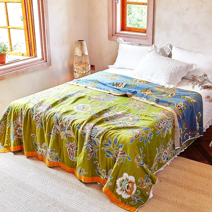 VANJOROY Boho Throw Blanket, 100% Organic Cotton Breathable Ultra Soft Bed Quilt Throw - All Season Luxury Floral Farmhouse Decor Blanket for Sofa Couch Chair and Gift. 91" x 98"-Green/Blue