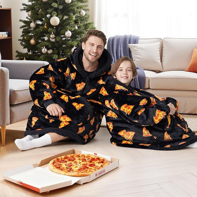 Giggling Getup Wearable Blanket Hoodie for Girls and Boys Warm Cozy Sherpa Fleece Hooded Blanket Sweatshirt Oversized Hoodie with Giant Pocket & Sleeves for Kids Pizza