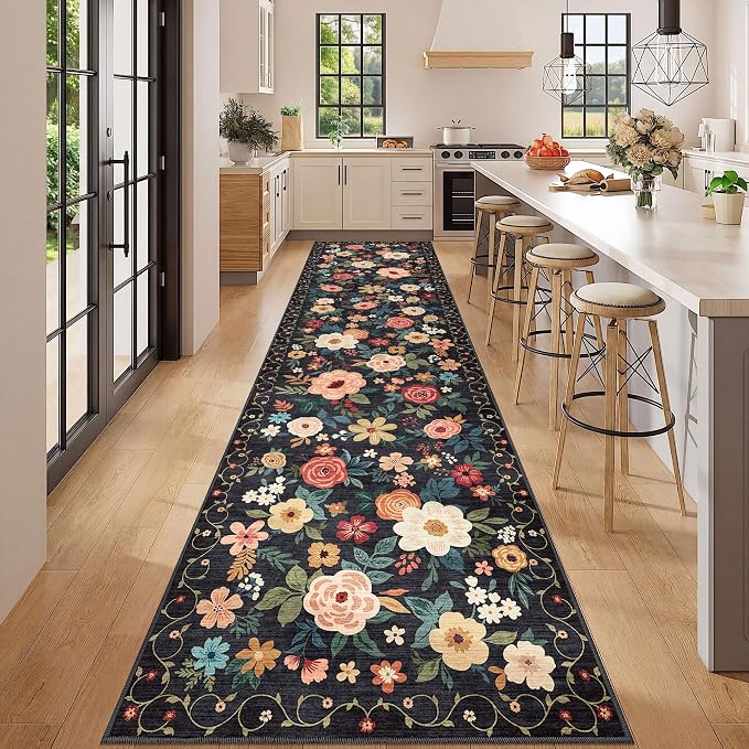 DUKINO 3x12 Washable Runner Rug, Long Hallway Runner Rug Non Slip, Black | Soft, Low Pile, Floral Indoor Runner Rug for Kitchen, Entryway, Bedroom, Bathroom, Laundry, Modern Home Decor, Non-Shedding