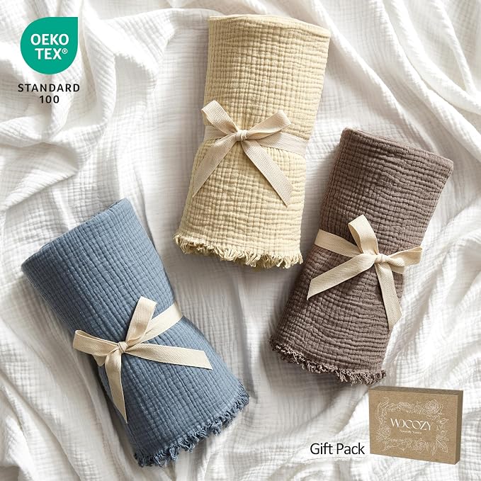 WDCOZY 100% Cotton Muslin Blanket Queen Size 4-Layer for Bed Breathable Lightweight Soft Large Boho Farmhouse Linen Tassels Ruffle Gauze Blankets All Season for Adults 90x90 Inches White