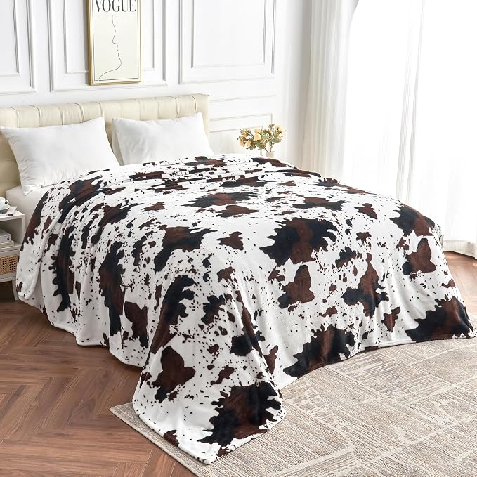 Edenleaf Queen Size Cow Blanket for Couch Bed, Soft Cozy Fleece Cow Printed Blanket for All Seasons 90"x90" (Dark Brown)