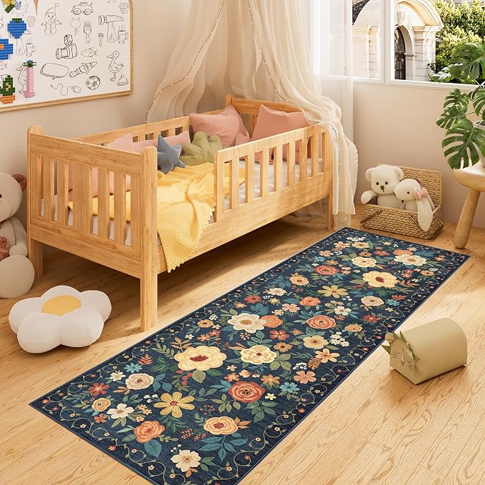 DUKINO 2x10 Runner Rug, Washable Kitchen Runner Rug Non Slip, Navy Blue | Soft, Low Pile, Floral Indoor Rug Runner for Hallway, Entryway, Bedroom, Bathroom, Pet Friendly, Home Decor, Stain Resistant
