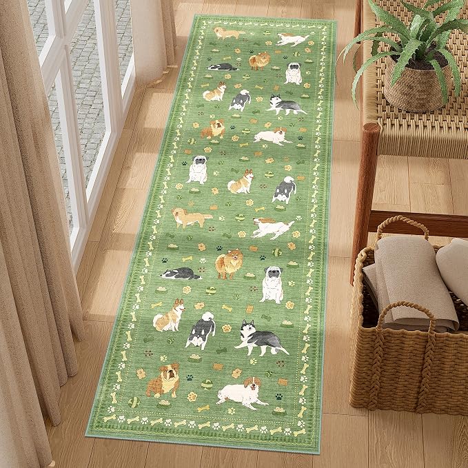 DUKINO 2.6x8 Kitchen Runner Rug, Washable Non Slip Dog Rug, Green | Soft, Stain Resistant, Low Pile, Non-Shedding Animal Carpet Runner for Hallway Entryway Bathroom Laundry, Kid & Pet Friendly