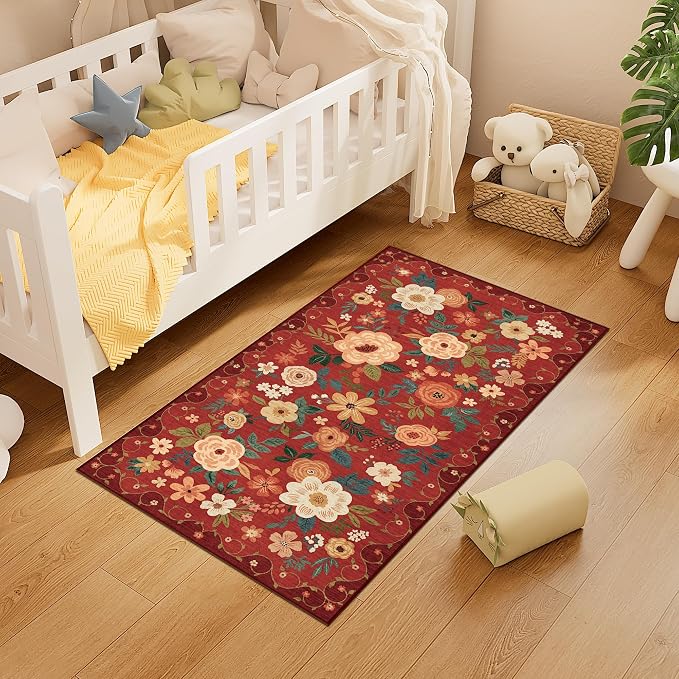 DUKINO 2x4 Entryway Rug, Floral Washable Kitchen Rugs Non Slip, Red | Low Pile, Soft Indoor Runner Rug for Hallway, Bedroom, Bathroom, Laundry, Pet Friendly, Modern Home Decor, Stain Resistant