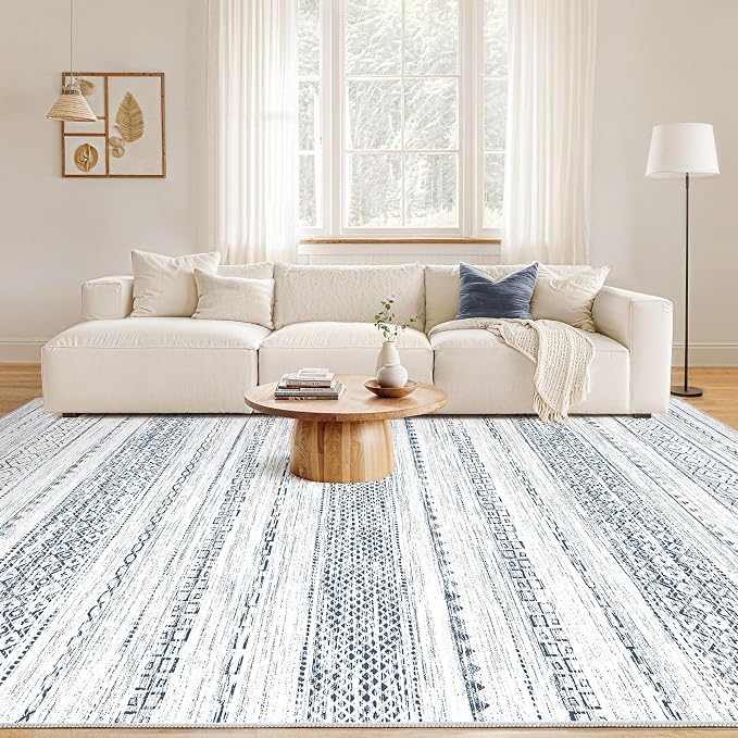 Nakagishi 9x12 Area Rugs Living Room: Washable Boho Large Neutral Soft Farmhouse Rug Stain Resistant Modern Indoor Floor Non-Slip Carpet for Bedroom Nursery Kids Playroom Office Dining Dorm-White Blue