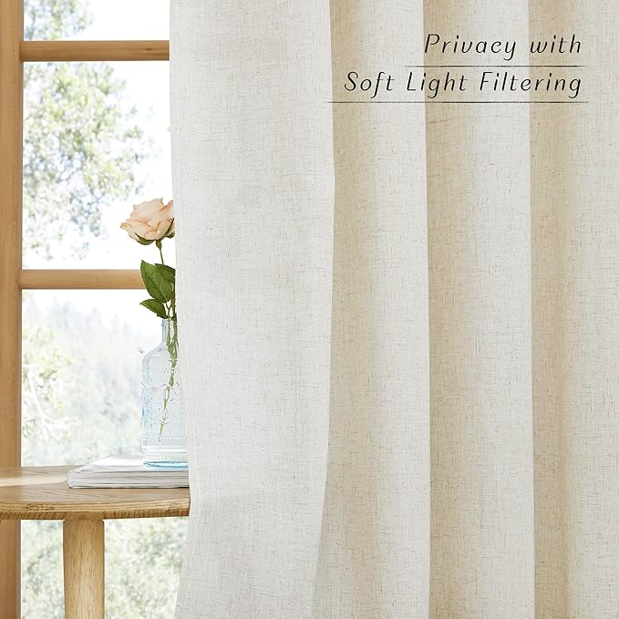 NICETOWN Extra Long Linen Curtains 132 inches Long for Living Room, Grommet Privacy Added Thick Burlap with Light Filtering Semi Sheer Window Treatments for Bedroom, Natural, W55 x L132, 2 Panels