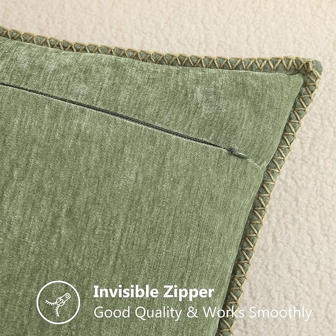 decorUhome Soft Chenille Throw Pillow Covers 22x22 Set of 2 Olive Green | Fall Textured Decorative Throw Pillow Cases Stitched Edge Modern Farmhouse Luxury Boho Velvet for Couch Sofa Bed Home Decor