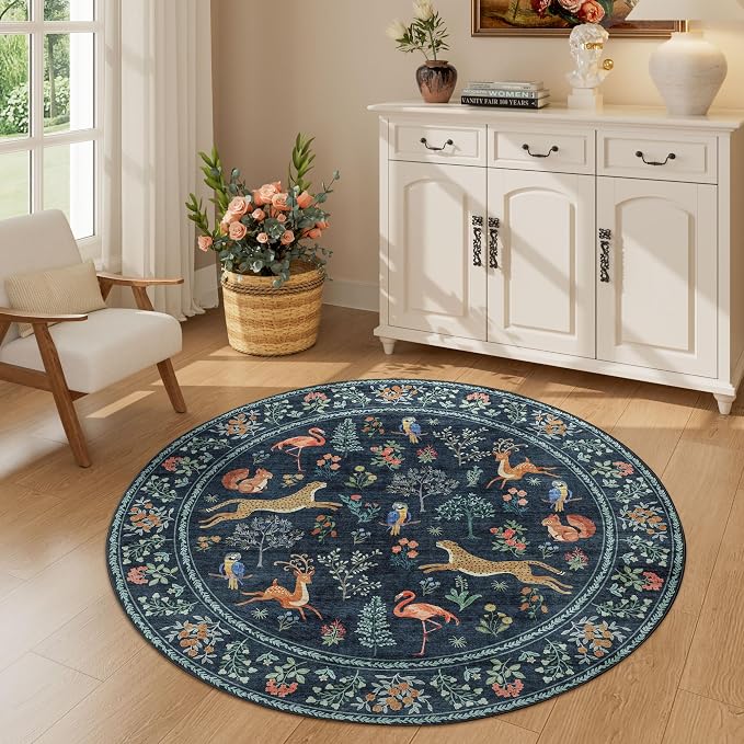 DUKINO 4ft Round Rug, Washable Animal Round Area Rug Non Slip, Navy Blue | Low Pile, Soft, Non-Shedding Indoor Circle Carpet for Bedroom, Entryway, Living Room, Farmhouse, Pet Friendly, Lightweight