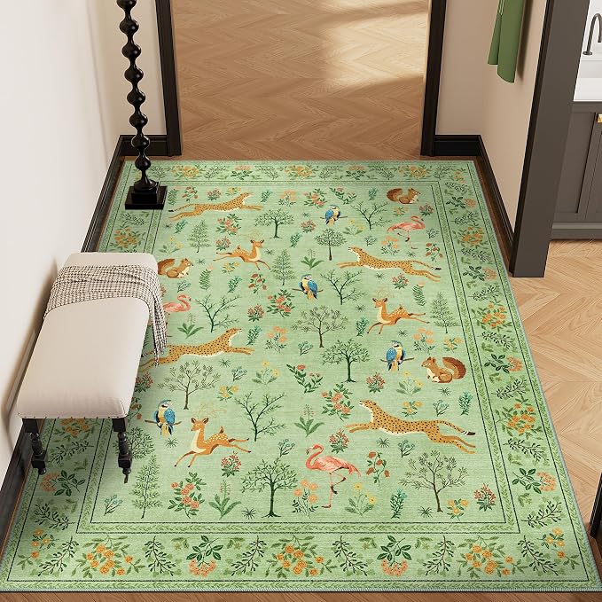 DUKINO 4x6 Area Rug, Non Slip Animal Washable Living Room Rug, Light Green | Soft, Low Pile, Stain Resistant Indoor Carpet for Bedroom, Dining Room, Nursery, Farmhouse, Pet Friendly, Non-Shedding