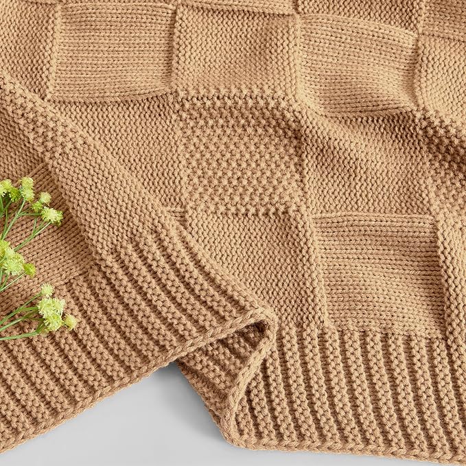 CozeCube Beige Knitted Checkered Throw Blanket 60"X80" | Check Knit Throw for Couch, Decorative Christmas Soft Cozy Warm Blanket for Bed Sofa Living Room