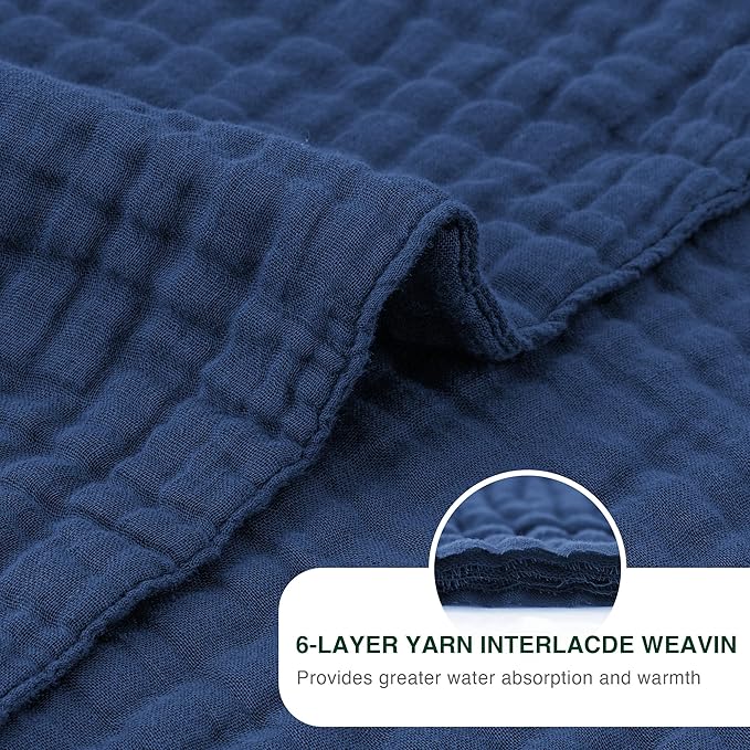 Love's cabin 100% Cotton Muslin Blanket, 6 Layer Lightweight Breathable Gauze Queen Size Blanket 90 x 90 Inches, Soft All Season Blanket for Bed, Dark Blue
