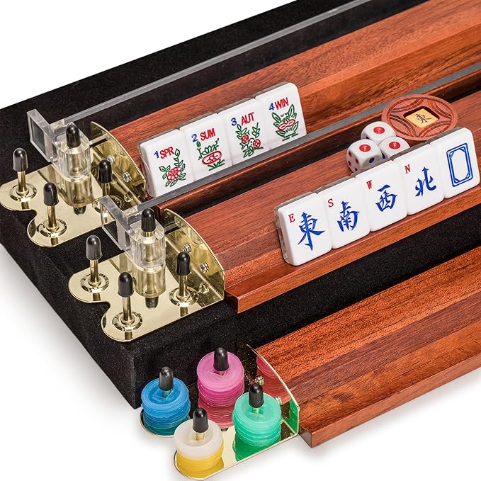 Yellow Mountain Imports American Mahjong Set, Koi Fish with Wooden Case - Four Wooden Racks, Acrylic Pushers, Wright Patterson Scoring Coins, Dice, & Wind Indicator