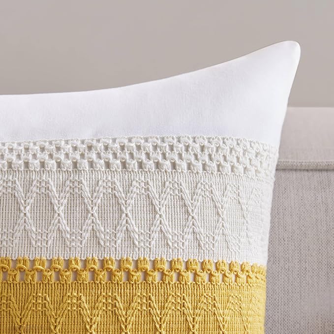 2pk Boho Pillow Covers 20x20, Natural White/Contrast/Mustard Yellow | 100% Organic Cotton Body, Stripe Embroidery, Farmhouse Decorative Cushion Covers for Sofa Bed Living Room Home Decor