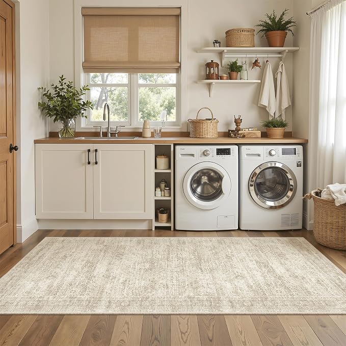 Soalmost Washable Kitchen Runner Rug 3x6 Hallway Entry Rugs Non-Slip, Beige | Vintage Runners 6ft for Bathroom Laundry Room, Foldable Low-Pile Floor Carpet Mat for Entryway Corridor Bedroom